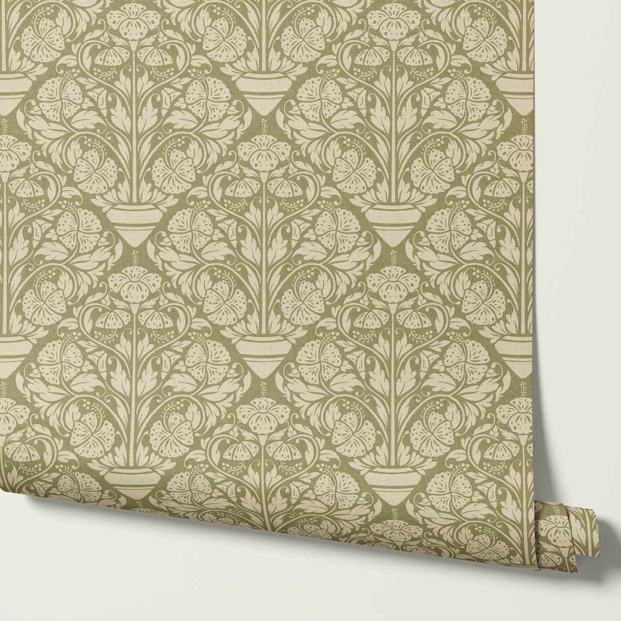 Alohi Hibiscus Block Print Sage Green Wallpaper