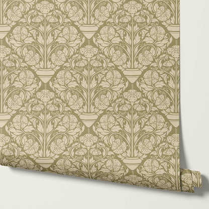 Alohi Hibiscus Block Print Sage Green Wallpaper