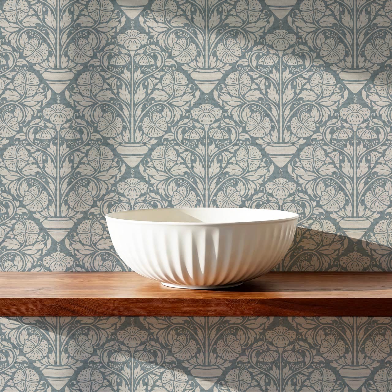 Alohi Hibiscus Block Print French Blue Wallpaper