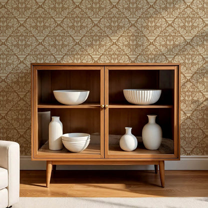 Alohi Hibiscus Block Print Camel Brown Wallpaper