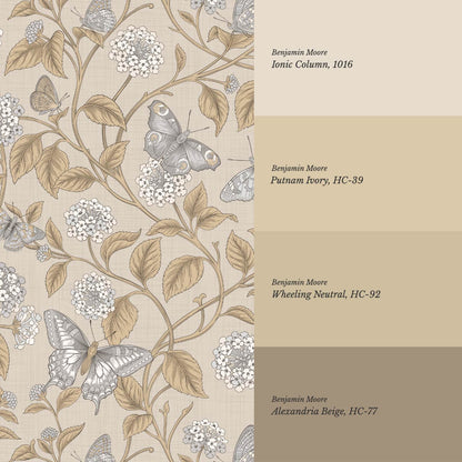 Amelia Lantana and Butterflies Beige Honey Smoke Wallpaper