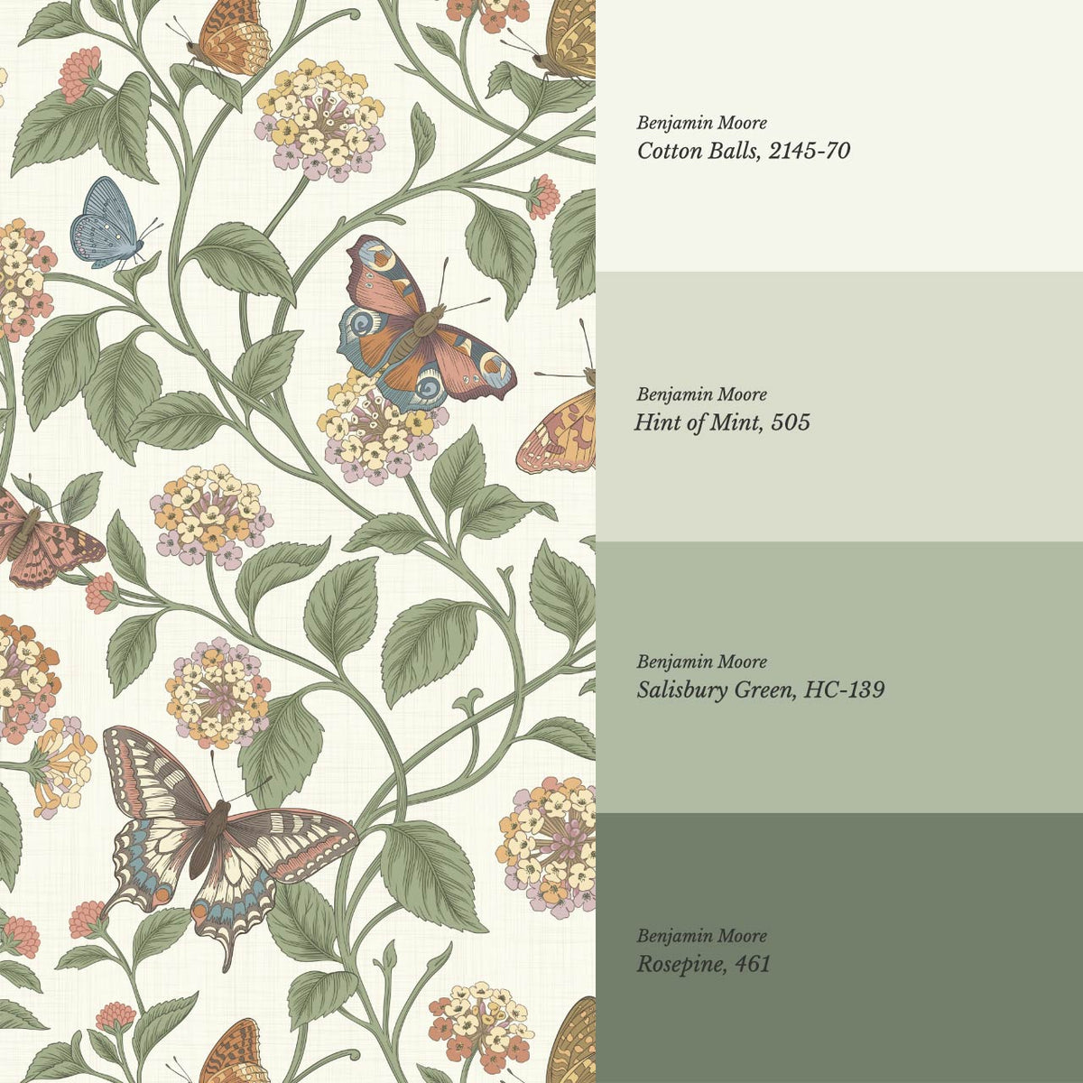 Amelia Lantana and Butterflies Garden Green Cream Wallpaper