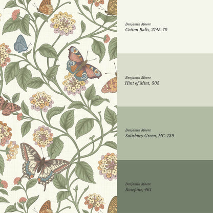 Amelia Lantana and Butterflies Garden Green Cream Wallpaper