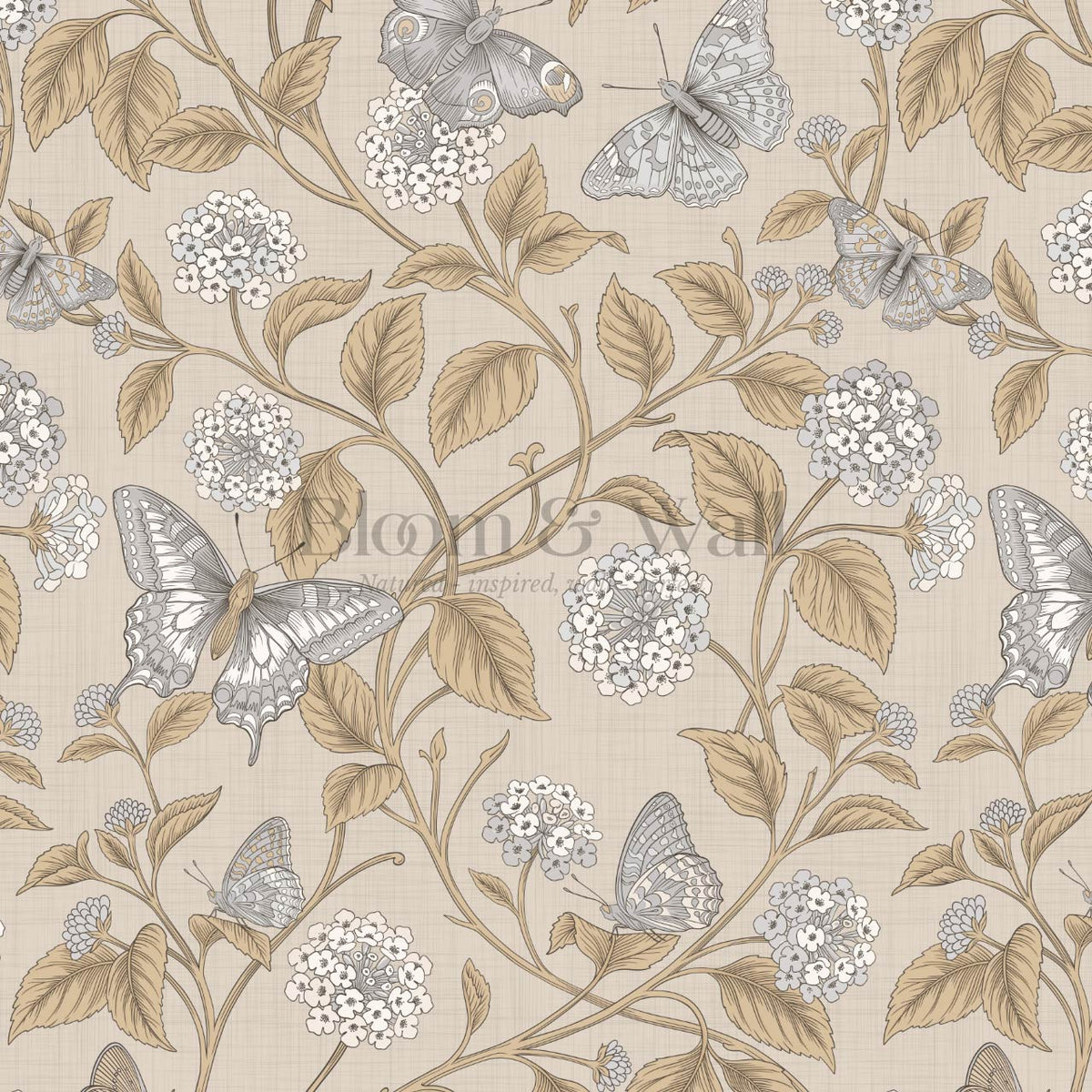 Amelia Lantana and Butterflies Beige Honey Smoke Wallpaper