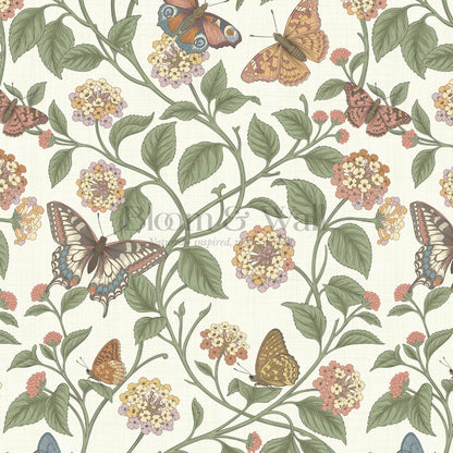 Amelia Lantana and Butterflies Garden Green Cream Wallpaper