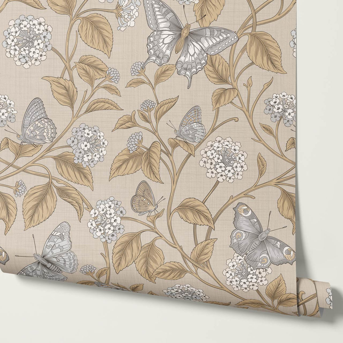 Amelia Lantana and Butterflies Beige Honey Smoke Wallpaper