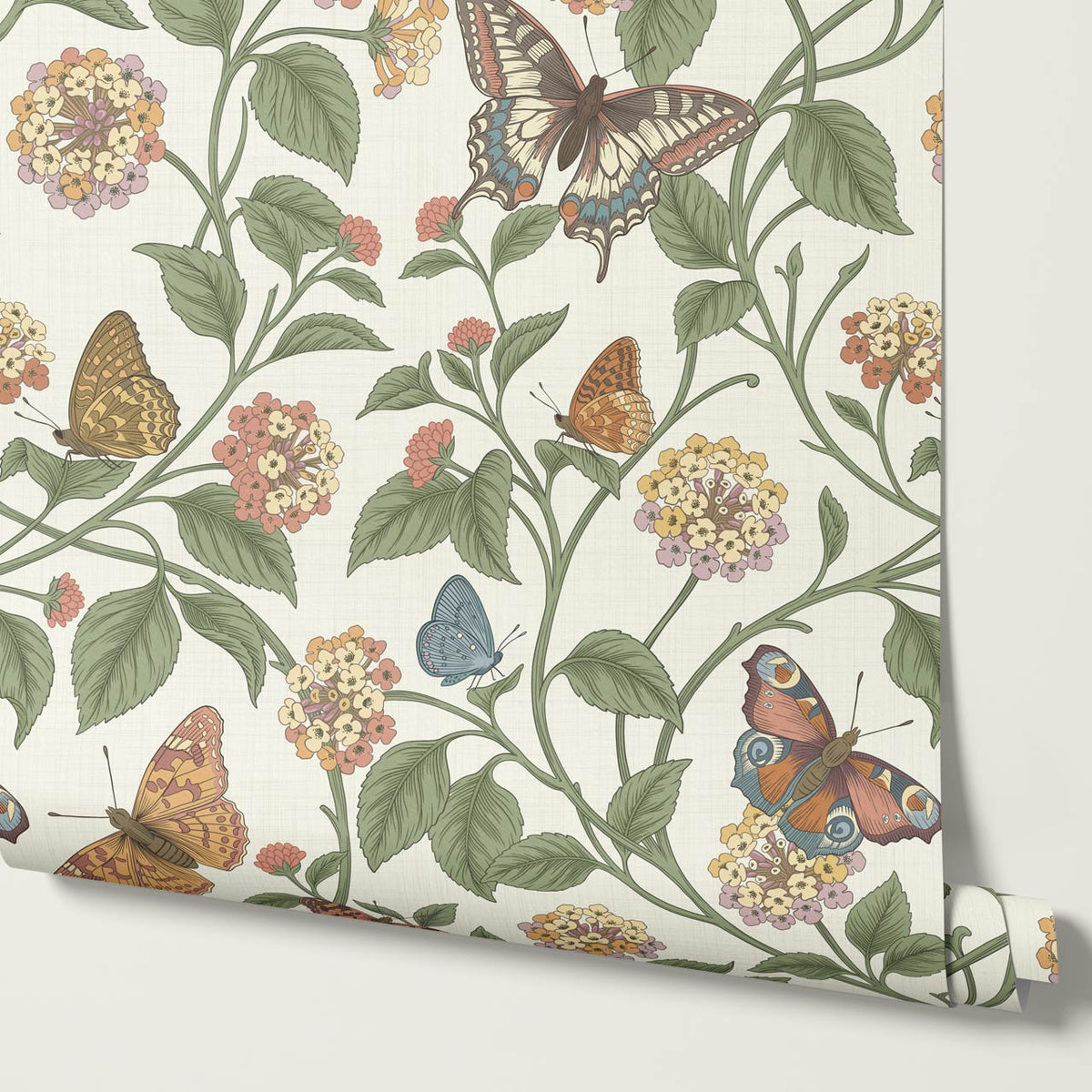 Amelia Lantana and Butterflies Garden Green Cream Wallpaper
