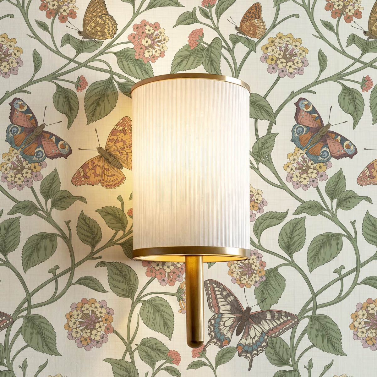 Amelia Lantana and Butterflies Garden Green Cream Wallpaper