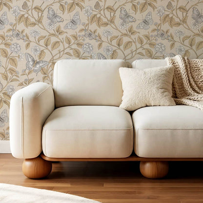 Amelia Lantana and Butterflies Beige Honey Smoke Wallpaper