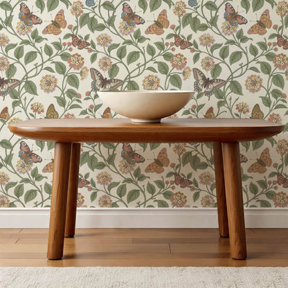 Amelia Lantana and Butterflies Garden Green Cream Wallpaper