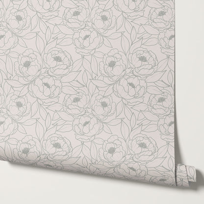 Amy Delicate Peonies Vintage Gray Wallpaper