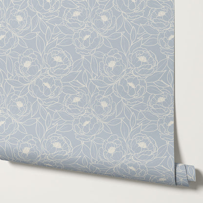 Amy Delicate Peonies Blue Wallpaper