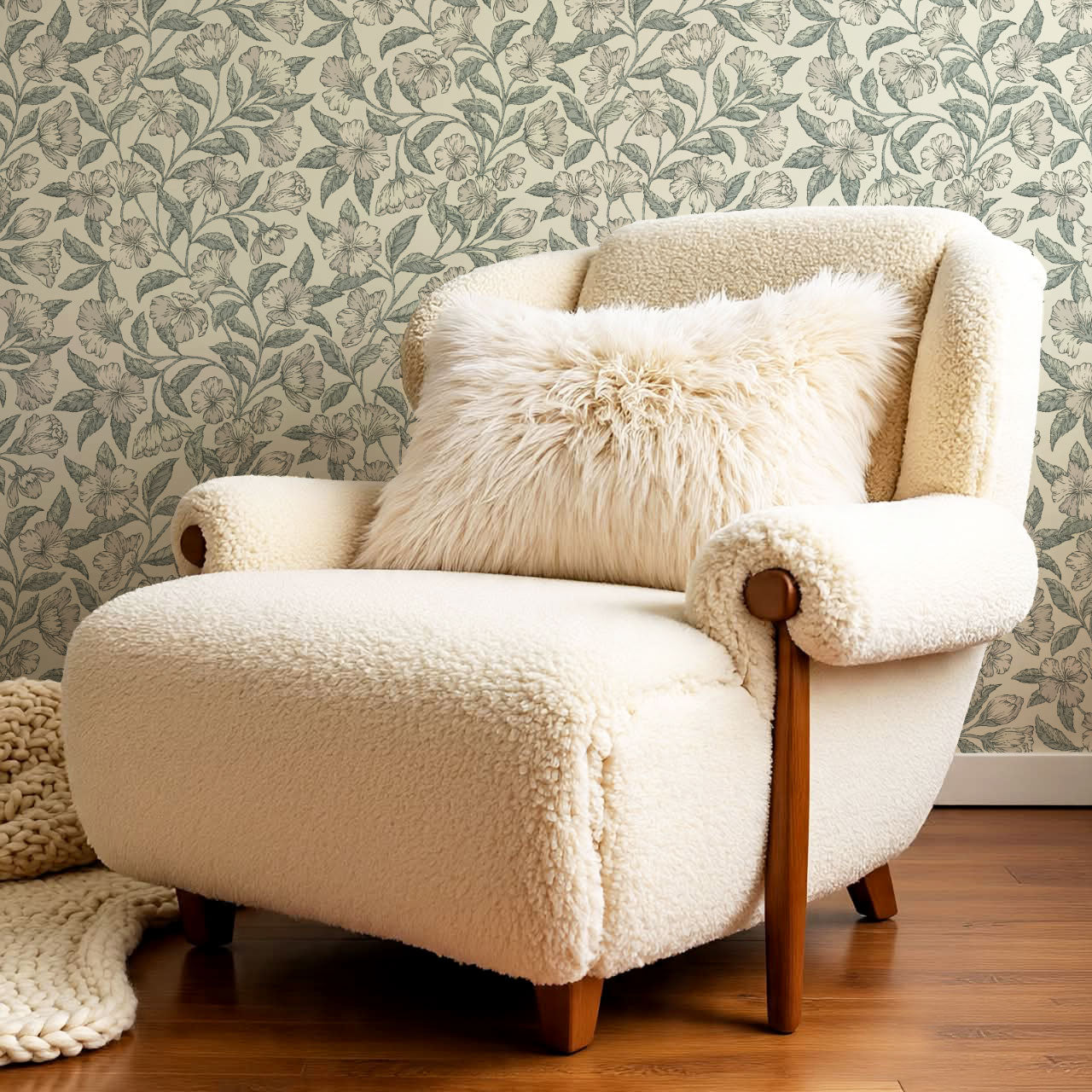 Andrea Godetia Allover Antique Green Wallpaper