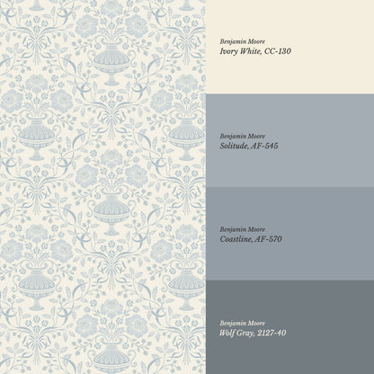Angelina Ribbon Damask French Blue Wallpaper