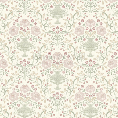 Angelina Ribbon Damask Pastel Wallpaper