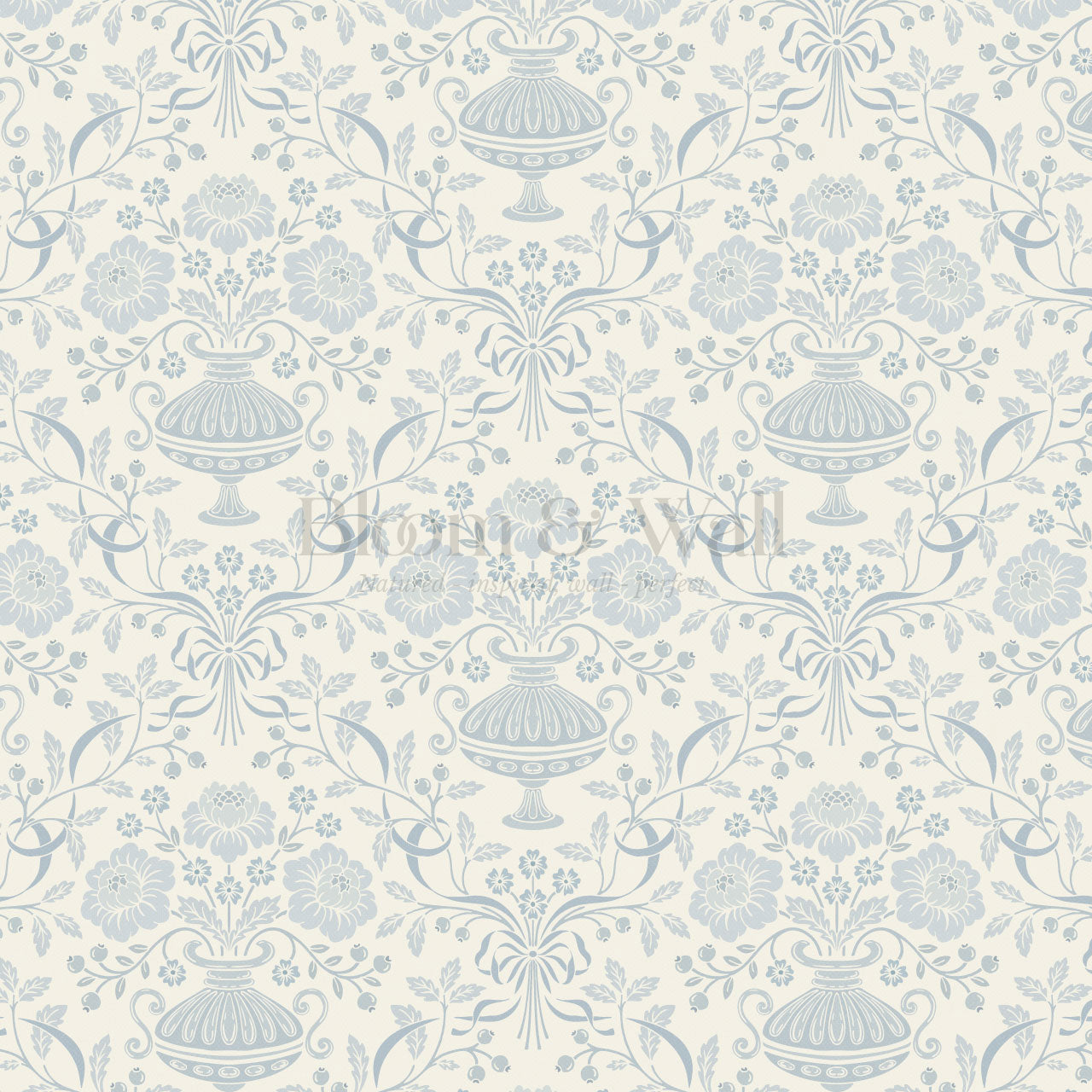 Angelina Ribbon Damask French Blue Wallpaper