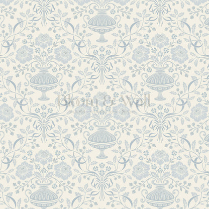 Angelina Ribbon Damask French Blue Wallpaper