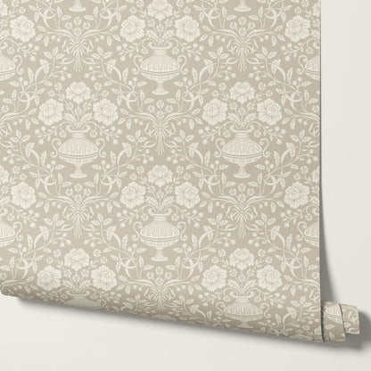 Angelina Ribbon Damask Beige Wallpaper