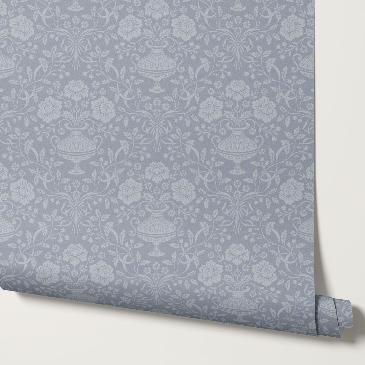Angelina Ribbon Damask Blue Wallpaper