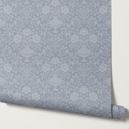 Angelina Ribbon Damask Blue Wallpaper
