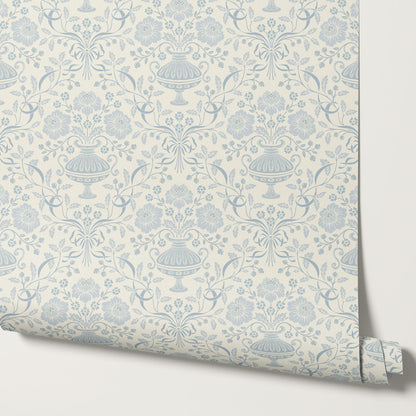 Angelina Ribbon Damask French Blue Wallpaper