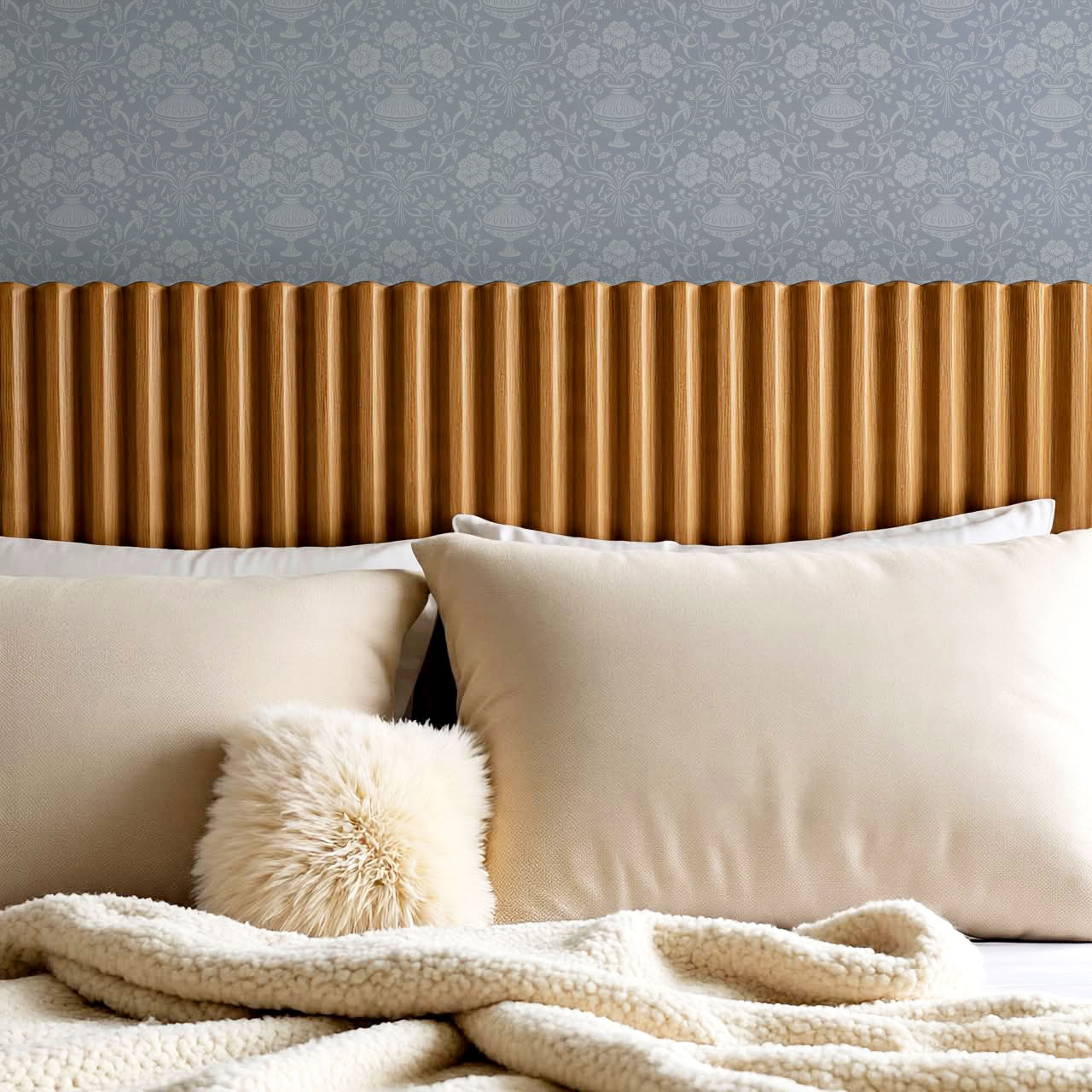 Angelina Ribbon Damask Blue Wallpaper