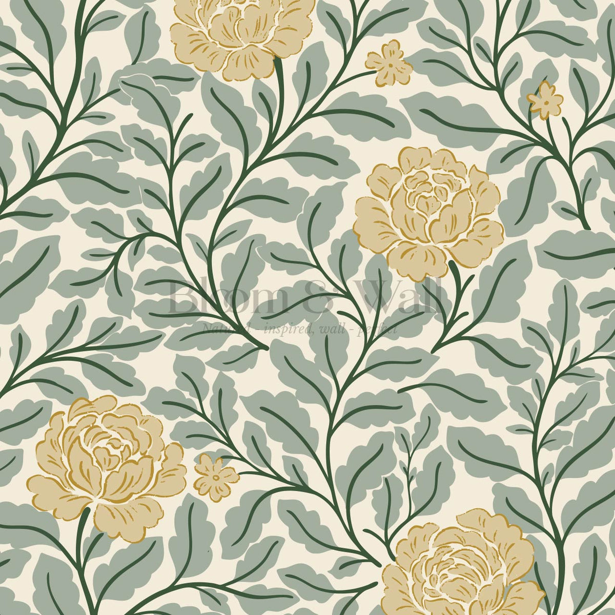 Anna Botanical Roses Sage Ochre Wallpaper
