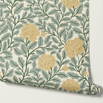 Anna Botanical Roses Sage Ochre Wallpaper