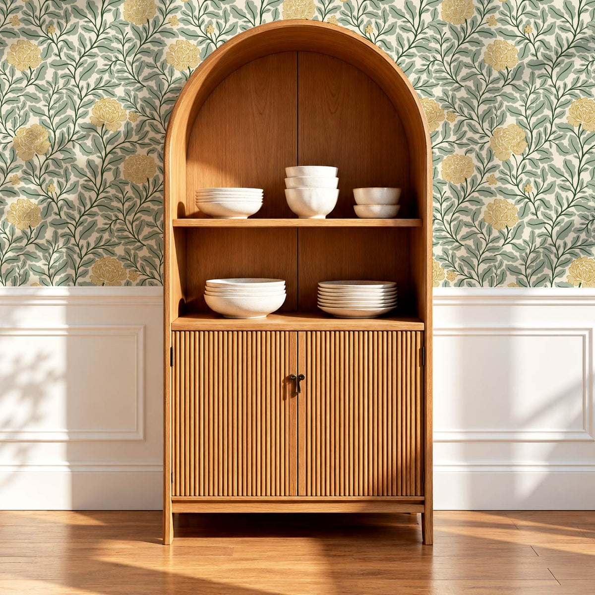 Anna Botanical Roses Sage Ochre Wallpaper