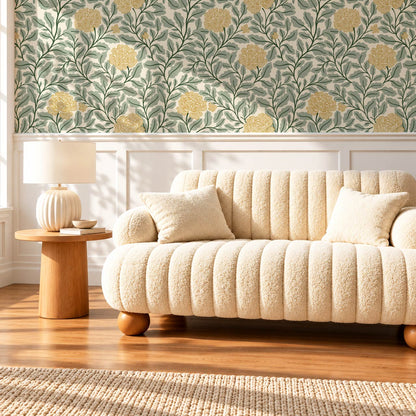 Anna Botanical Roses Sage Ochre Wallpaper