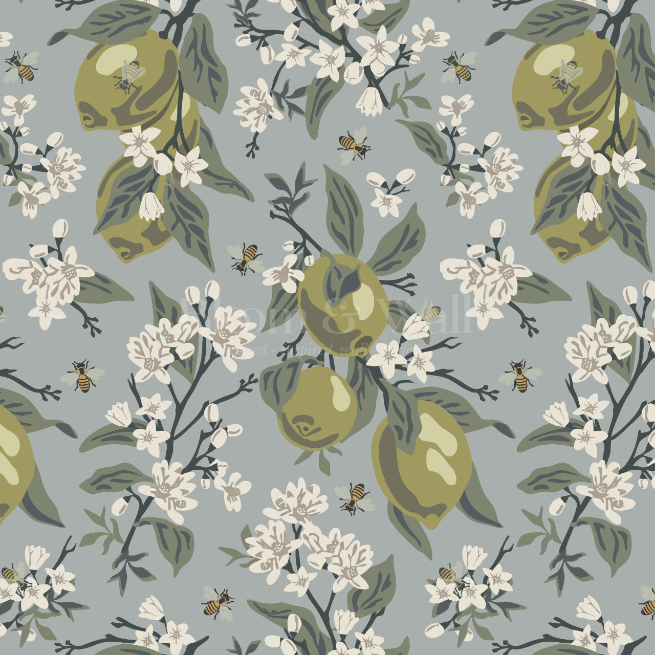Annabelle Bees & Limes Blue Wallpaper