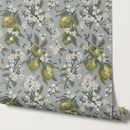 Annabelle Bees & Limes Blue Wallpaper