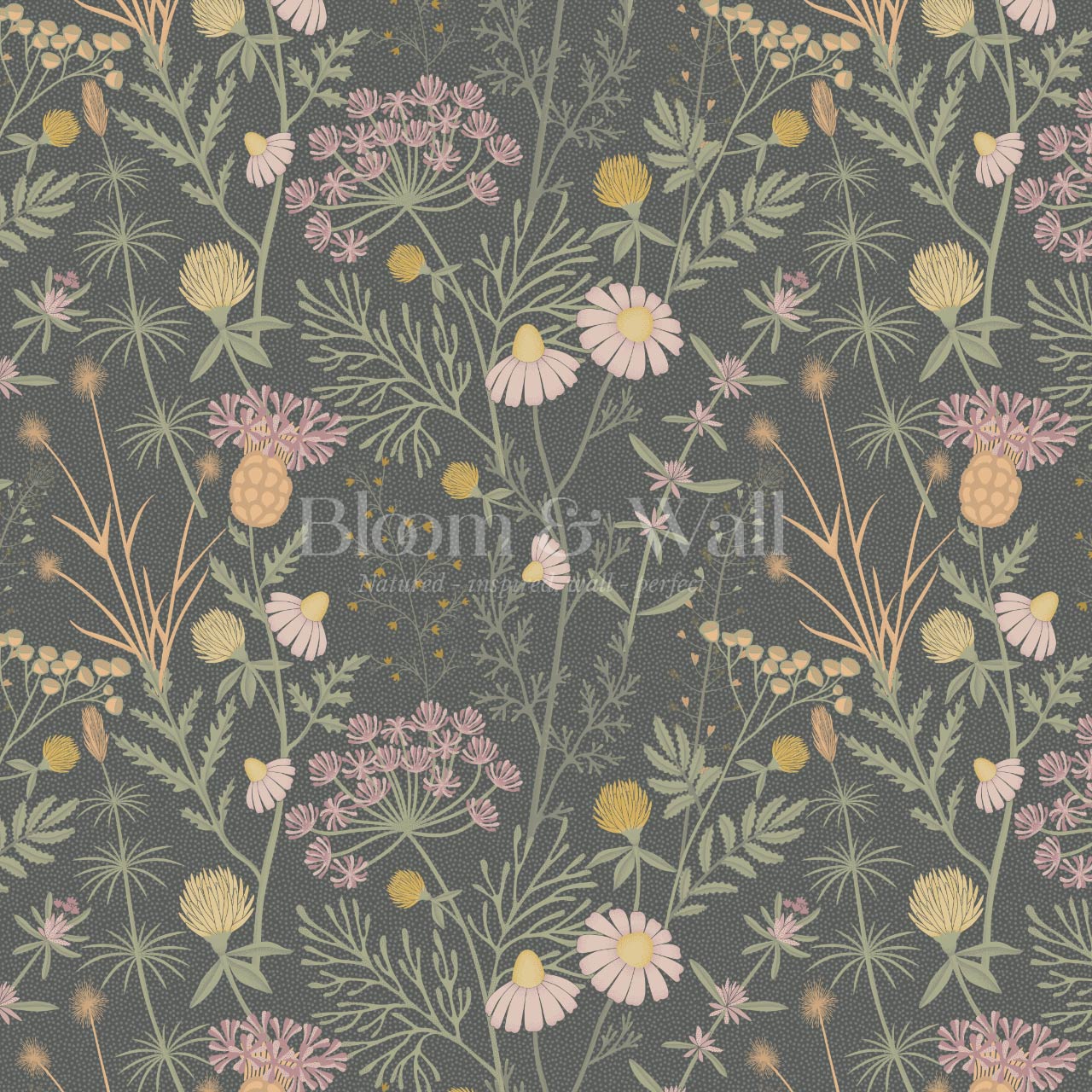 Annabelle Botanical Weeds Deep Green Pink Wallpaper