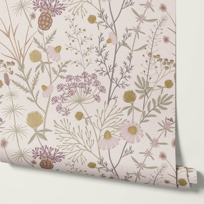 Annabelle Botanical Weeds Pearl Pink Sage Wallpaper