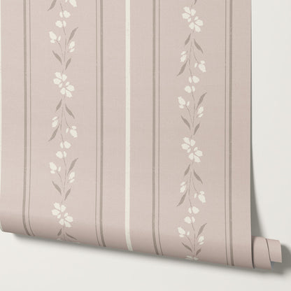 Annalise Large Floral Stripes Pale Pink Wallpaper