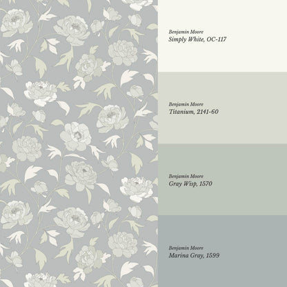 Antonia Peonies Sea Glass Grey Wallpaper