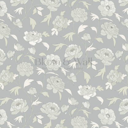 Antonia Peonies Sea Glass Grey Wallpaper