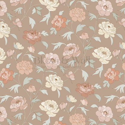 Antonia Peonies Warm Brown Wallpaper