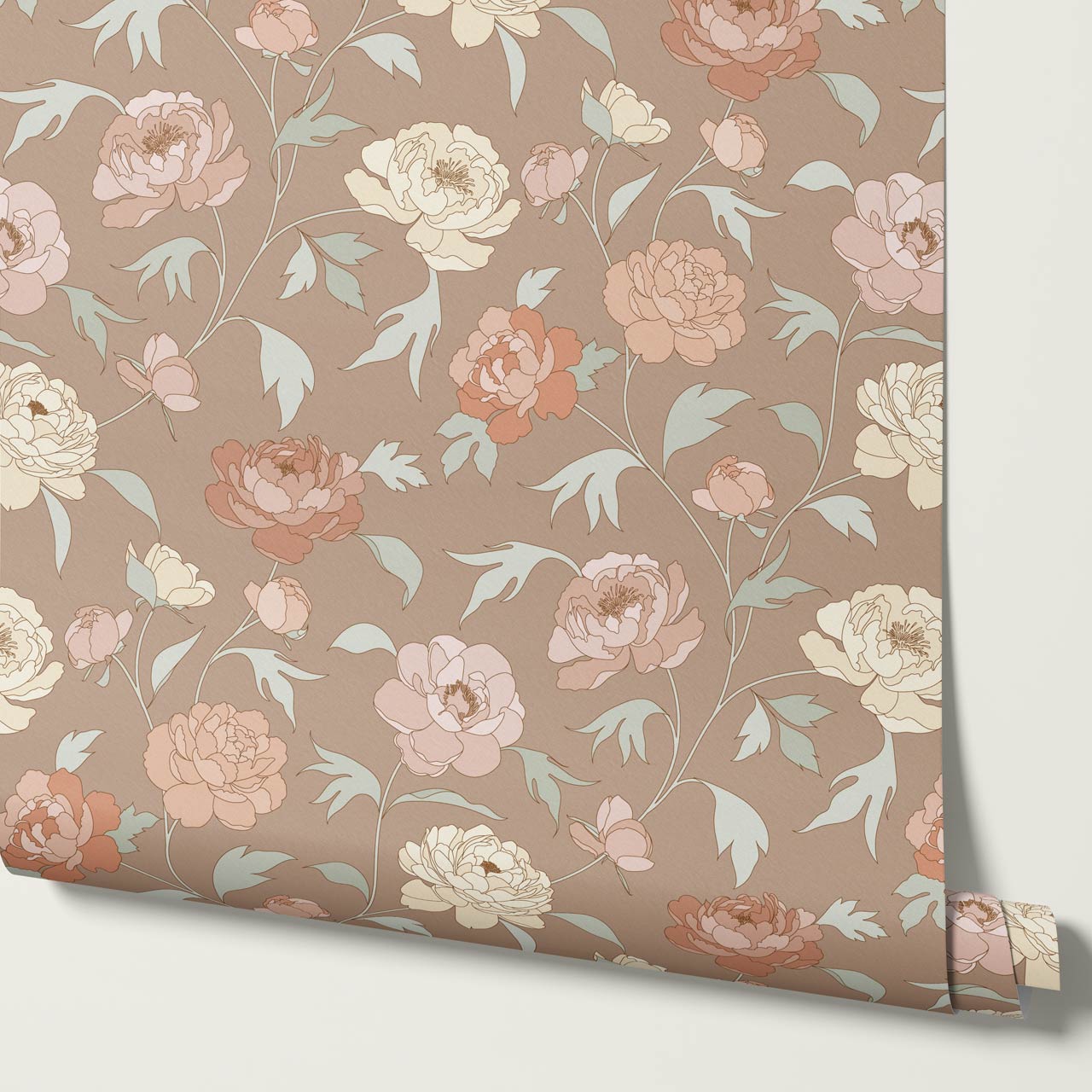 Antonia Peonies Warm Brown Wallpaper