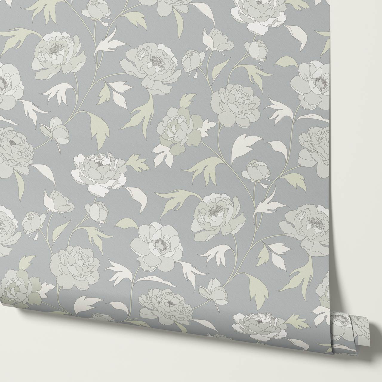 Antonia Peonies Sea Glass Grey Wallpaper