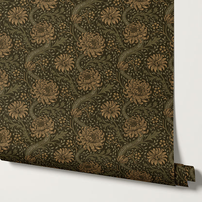 Arabella Autumn Florals Forest Olive Wallpaper
