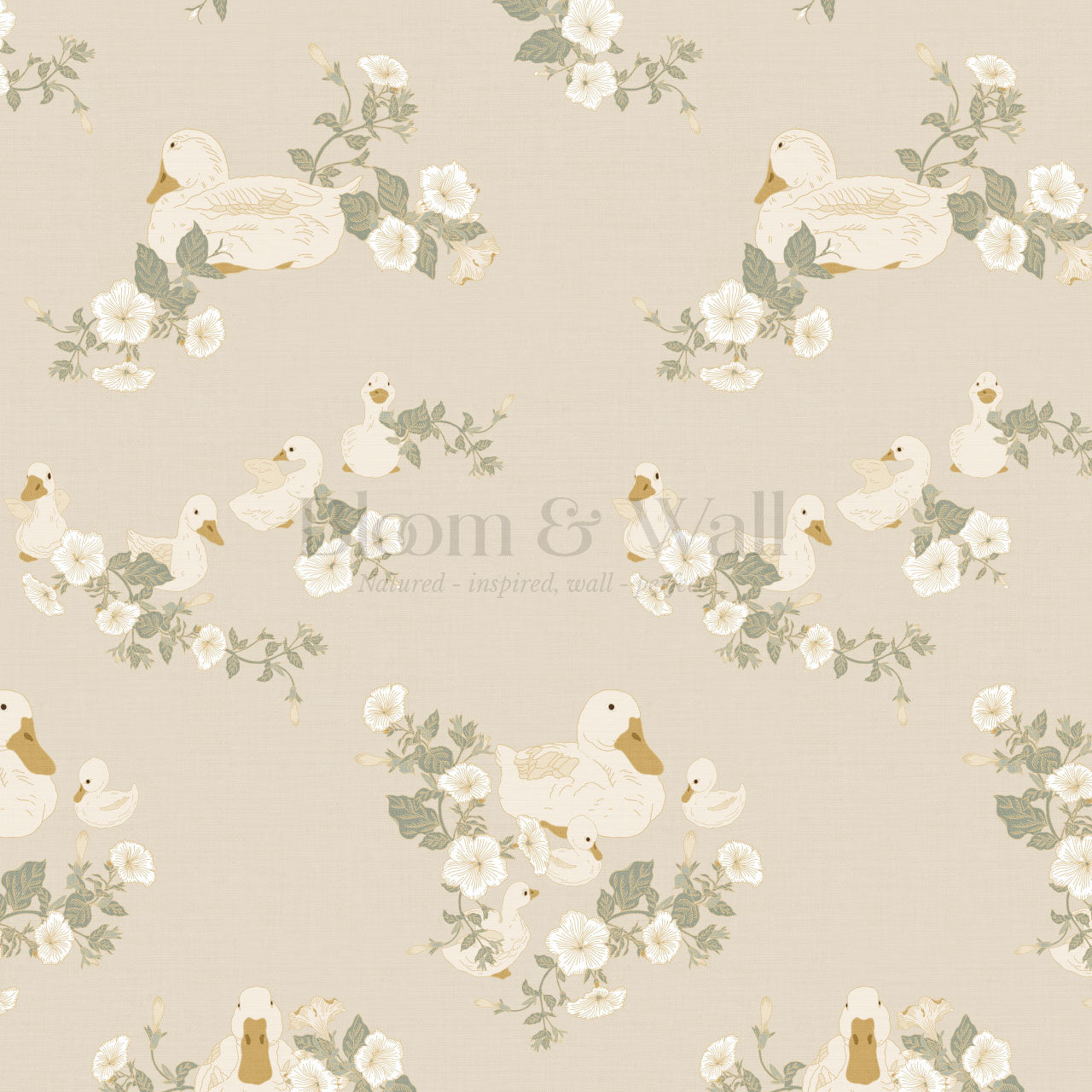 Ariel Ducks and Petunias Beige Wallpaper