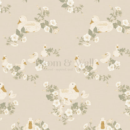 Ariel Ducks and Petunias Beige Wallpaper