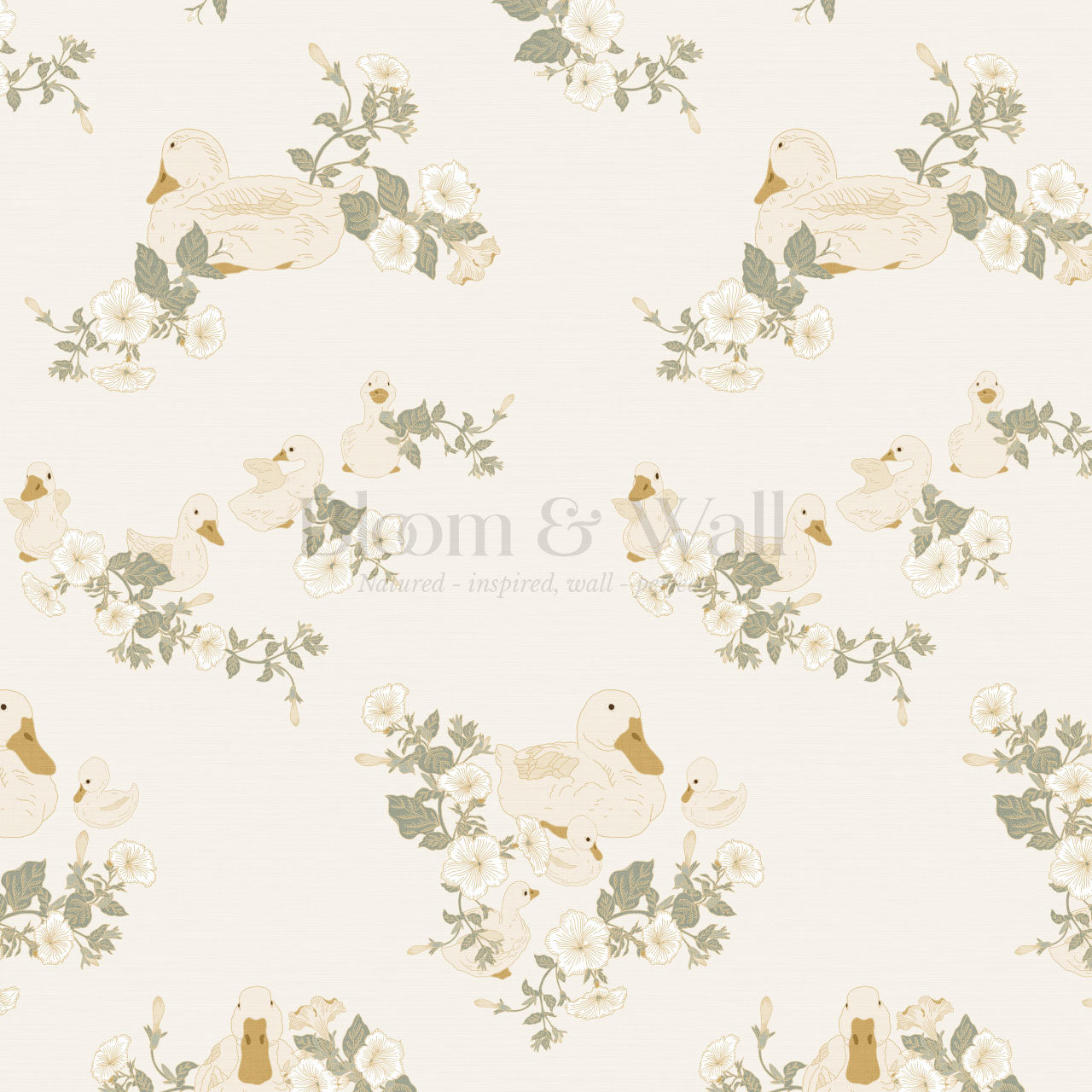 Ariel Ducks and Petunias Off White Wallpaper