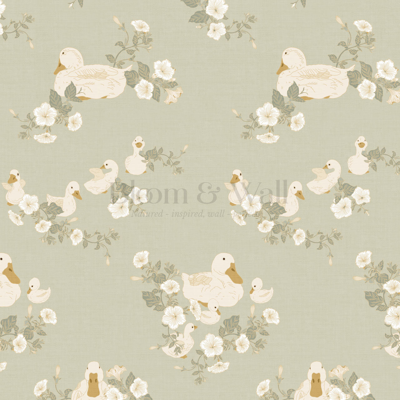 Ariel Ducks and Petunias Sage Wallpaper