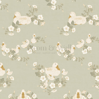 Ariel Ducks and Petunias Sage Wallpaper