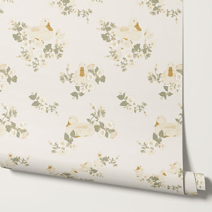 Ariel Ducks and Petunias Off White Wallpaper