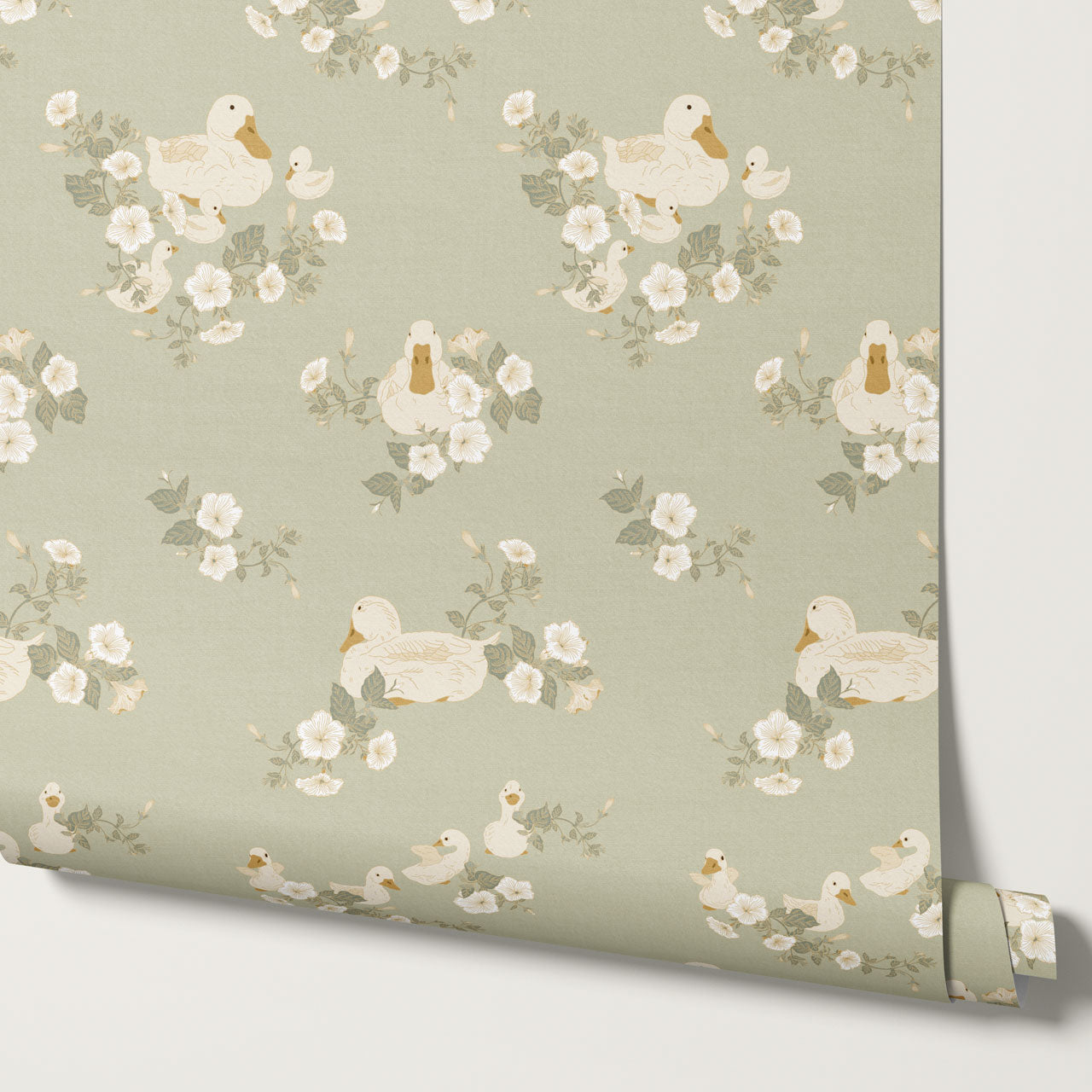 Ariel Ducks and Petunias Sage Wallpaper