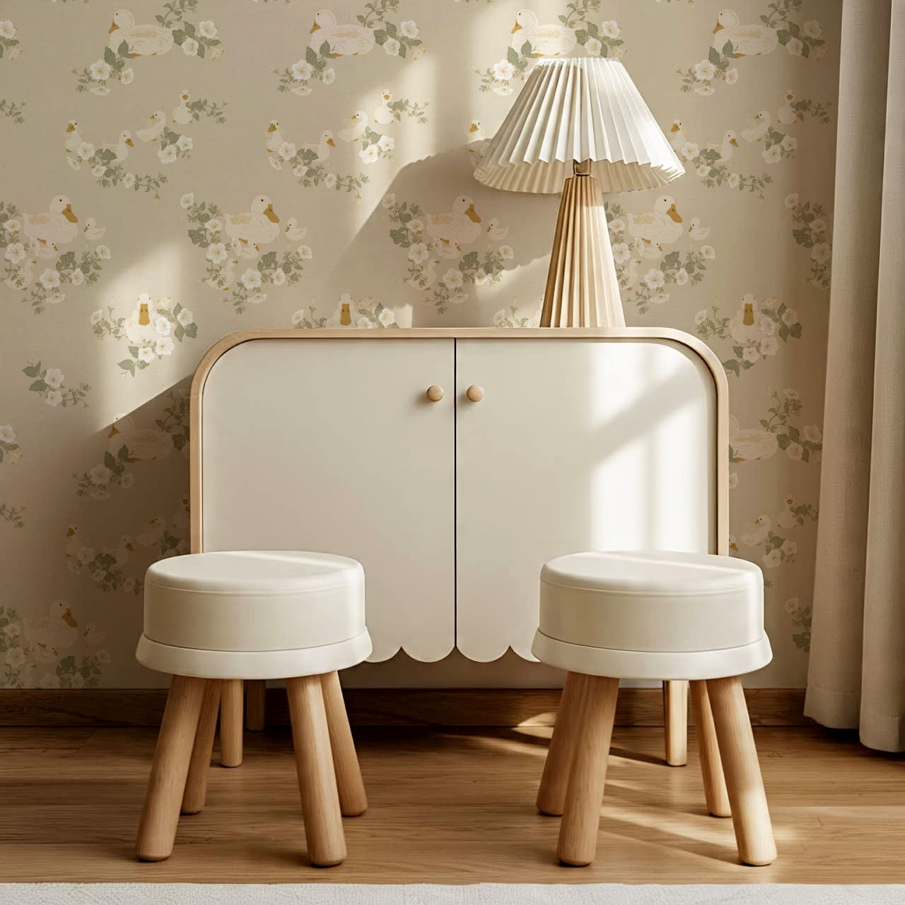 Ariel Ducks and Petunias Beige Wallpaper