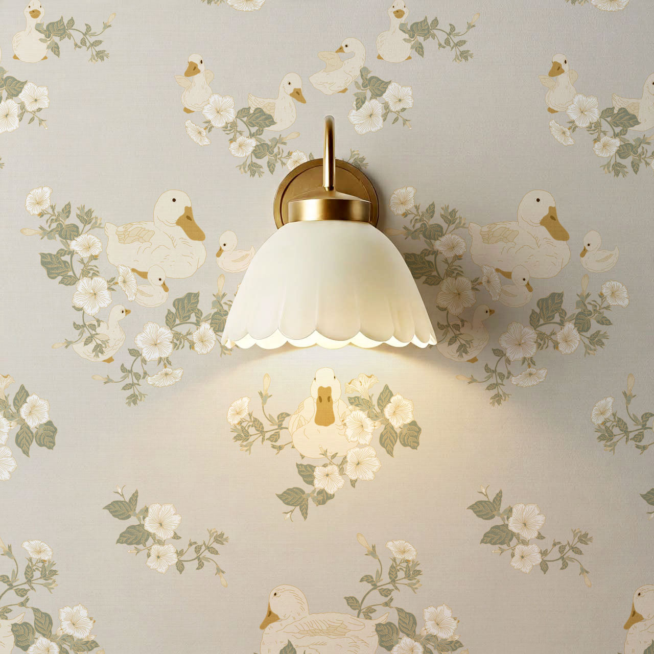 Ariel Ducks and Petunias Light Dove Wallpaper